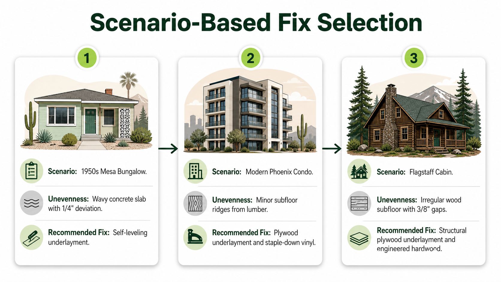 A visual guide illustrating recommended flooring fix solutions for three different architectural scenarios including a bungalow, condo, and cabin.