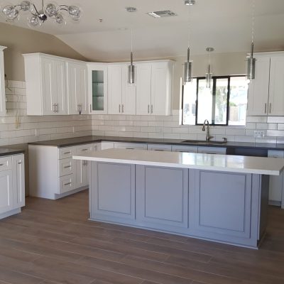 Mesa kitchen white shaker cabinets gray island subway tile backsplash