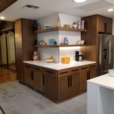 Mesa kitchen mid-tone wood cabinets white quartz countertops hexagonal backsplash