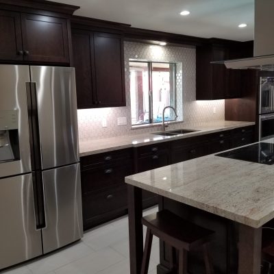 Mesa kitchen dark wood cabinets granite countertops stainless steel appliances