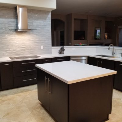 Modern Mesa kitchen dark cabinets white quartz countertops