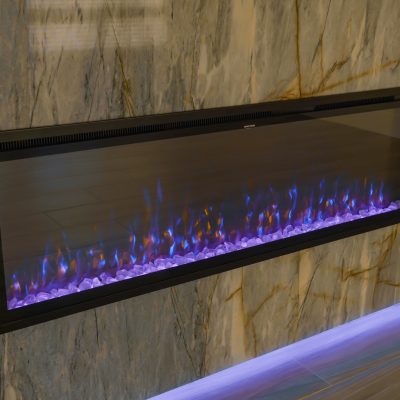 Aflamo Majestic 65 electric fireplace displaying a vibrant flame simulation.